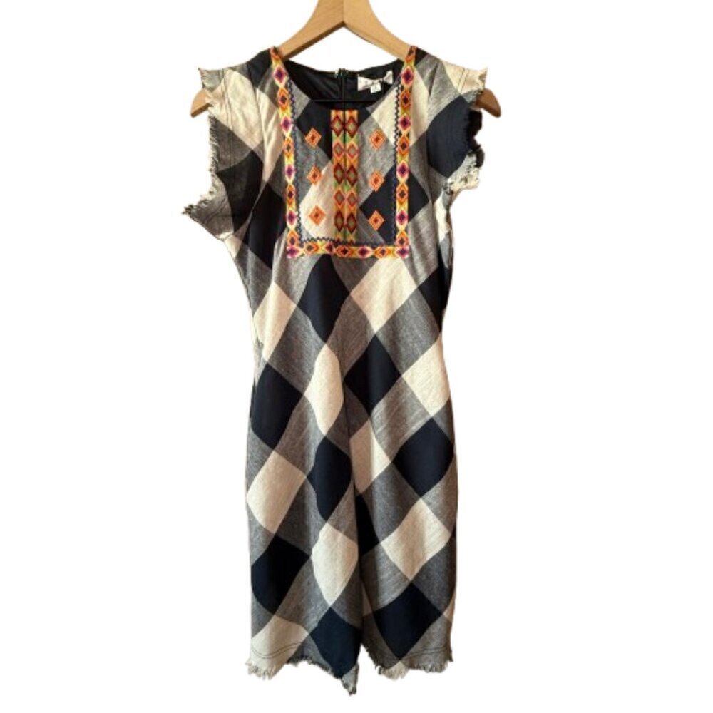 Women's NWT S THML Blue Plaid Aztec Embroidered Detail Front Dress